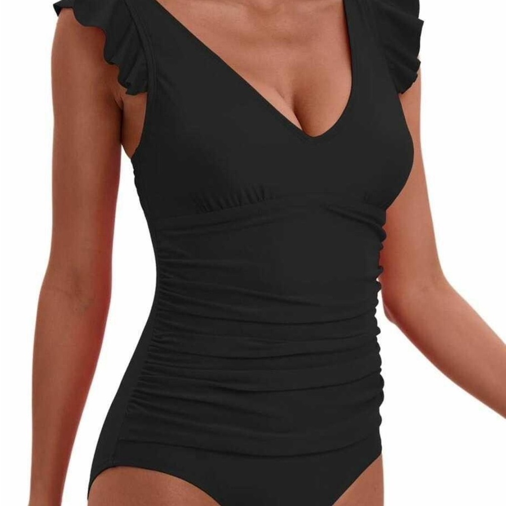 New Small Women's Black Ruffle Swimsuit